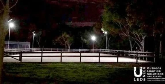 Illuminated outdoor walkway with LED path lights at night
