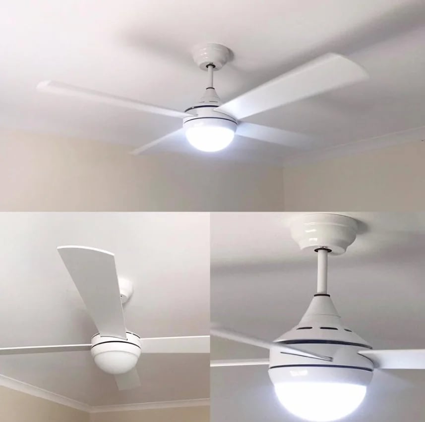 Collage of ceiling fans with LED lights installed on white ceilings